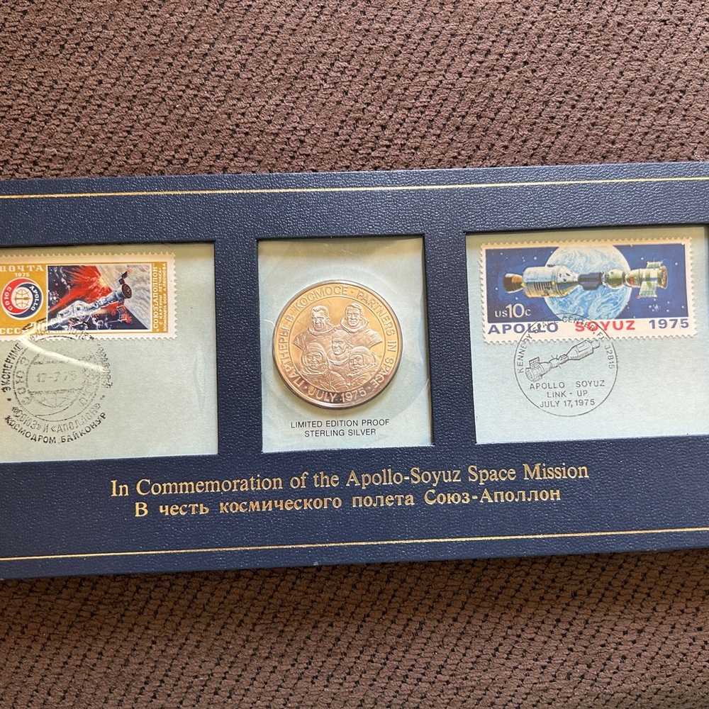 1975 Apollo-Soyuz Space Mission Sterling Silver Medallion & Stamp Set